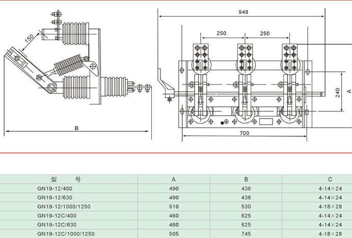 GN19-10戶內(nèi)高壓隔離開關(guān)的安裝尺寸